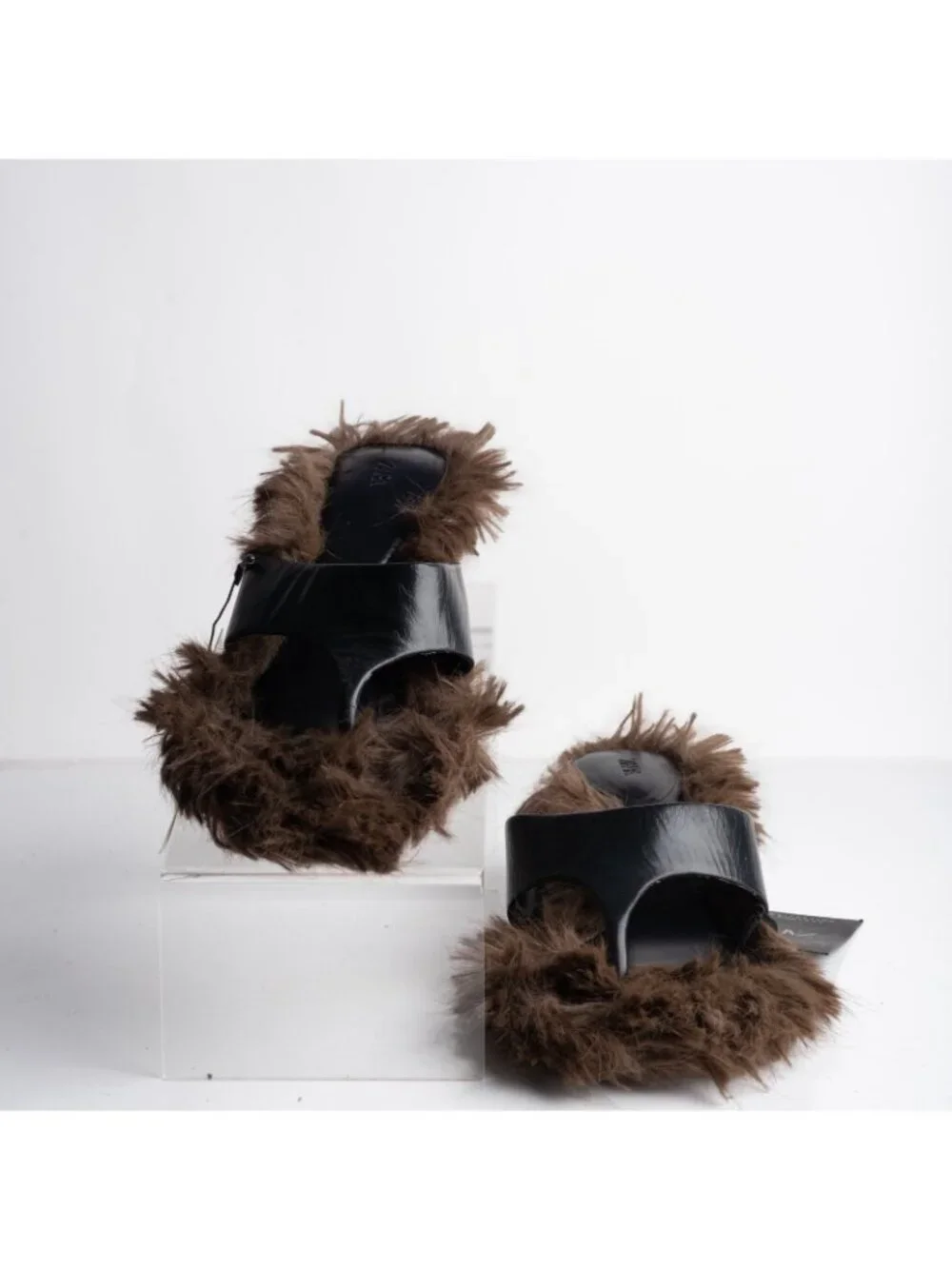 Zara Womens Leather Faux Fur sandals Thong Mule Heels Brown US 6.5 EU 37 NWD - Picture 4 of 8